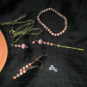 Cap with matching capband, cap-pin / coat, necklace, earrings, stretch bracelet